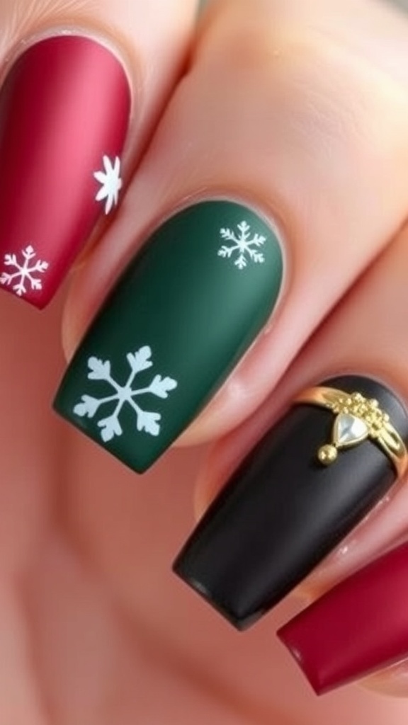 Matte Christmas nails in red and green with snowflake designs.